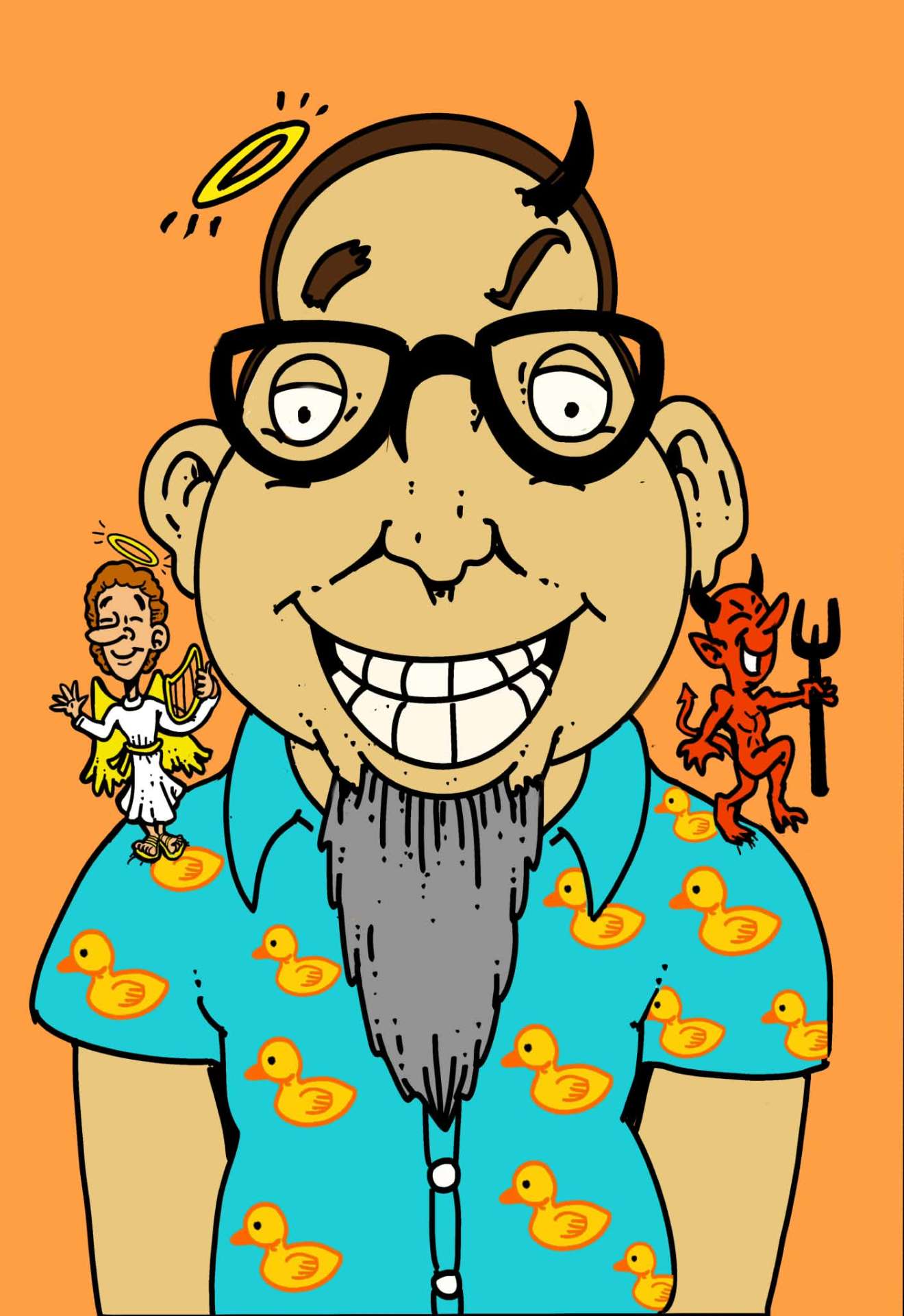 Self-portrait of Billy Leake with an angel on one shoulder and a devil on the other